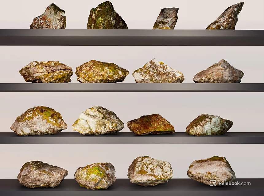 Various Colored Stones Displayed On Multiple Shelves In Arranged Rows 3d model 