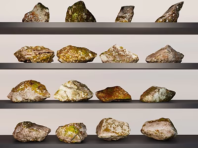 Various Colored Stones Displayed On Multiple Shelves In Arranged Rows 3d model