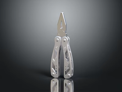 Silver Multifunctional Metal Multitool Pliers With Modern Design And Reflection On Dark Background 3d model