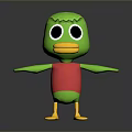 Cute 3D Green Cartoon Duck With Big Eyes Yellow Beak And Red Vest