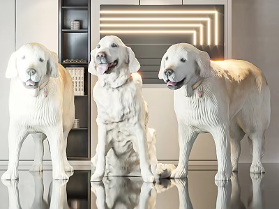 Three White Reptile Statues In Modern Interior With Shelves And Lighting 3d model