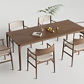 Wooden Dining Table Set With Six Upholstered Chairs Fruit Bowl Book And Green Plant