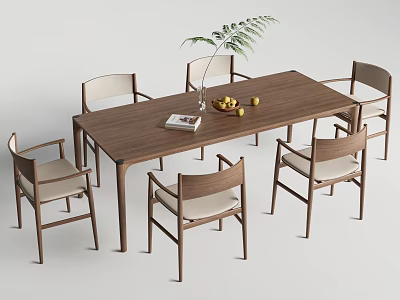 Wooden Dining Table Set With Six Upholstered Chairs Fruit Bowl Book And Green Plant 3d model