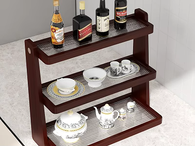 Wooden Three Tiered Shelf Displaying Wine Bottles Tea Cups Saucers And Teapot 3d model