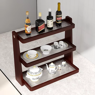Wooden Three Tiered Shelf Displaying Wine Bottles Tea Cups Saucers And Teapot 3d model