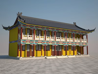 Traditional Chinese Ancient Architecture With Yellow Walls Black Roof Overhanging Eaves And Carved Railings 3d model