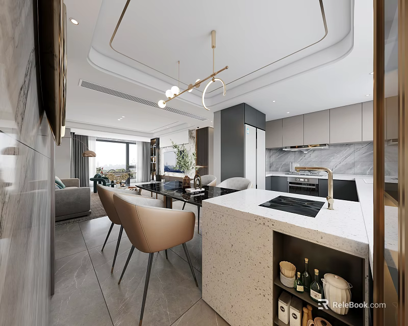 Modern Dining and Living Room Interior With Open Layout Sofa Dining Table And Lights 3d model