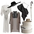 Stylish Clothes Rack with Hanging Clothes Black Hat White Suitcases and Umbrella in Modern Interior