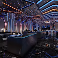 Modern Music Bar Interior With Neon Lights Bar Counter And Black Marble Floors
