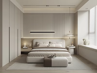 Modern Minimalist Bedroom Interior Design With Built in Wardrobes Bedside Lighting And Area Rug 3d model