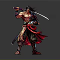Muscular Warrior Man Holding Sword In Ornate Red Black Clothing Standing Pose