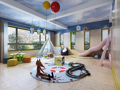 Colorful Kids Playroom Interior Design With Blue Cloud Ceiling Slide And Toy Train Track 3d model