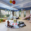 Colorful Kids Playroom Interior Design With Blue Cloud Ceiling Slide And Toy Train Track