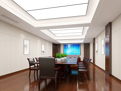 Modern Conference Room With Large Screen Wooden Table Chairs Potted Plant And Decorative Paintings 3d model