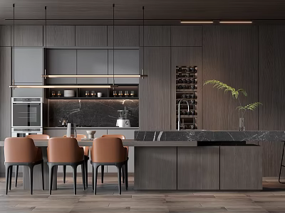 Modern Restaurant Open Kitchen With Wooden Cabinets Marble Countertop Dining Chairs And Pendant Lights 3d model