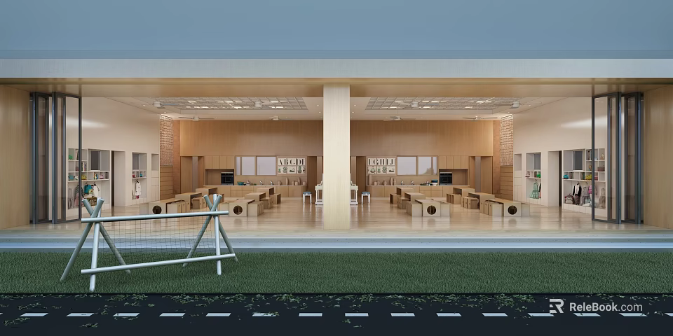 Modern Spacious Kindergarten Interior Exterior With Wood Decor And Lawn 3d model 