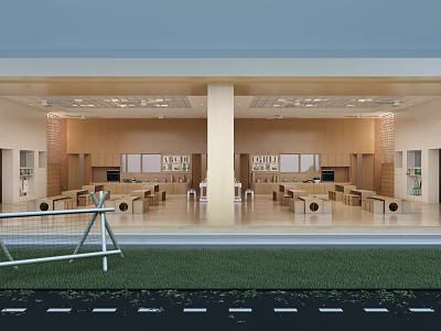 Modern Spacious Kindergarten Interior Exterior With Wood Decor And Lawn 3d model