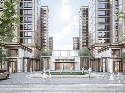 Modern High Rise Residential Complex Entrance Plaza With Central Fountain Greenery And Pedestrians 3d model