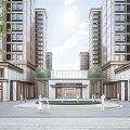 Modern High Rise Residential Complex Entrance Plaza With Central Fountain Greenery And Pedestrians