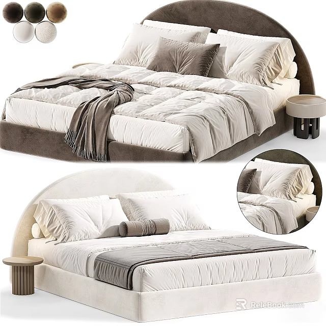 Modern Double Bed With Curved Headboard White Gray Bedding And Small Nightstand 3d model 