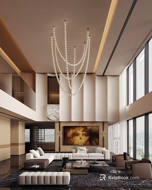 Modern Luxurious Clubhouse Interior With Double-Height Ceiling Chandelier Floor-to-Ceiling Windows Decorative Painting And Sofa 3d model 