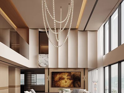 Modern Luxurious Clubhouse Interior With Double-Height Ceiling Chandelier Floor-to-Ceiling Windows Decorative Painting And Sofa 3d model