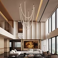 Modern Luxurious Clubhouse Interior With Double-Height Ceiling Chandelier Floor-to-Ceiling Windows Decorative Painting And Sofa