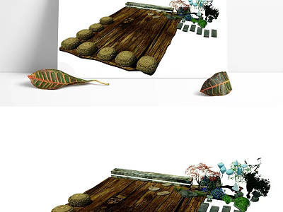 Wooden Path With Round Stones And Green Leaves For Home Living Decor 3d model