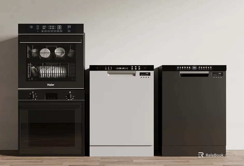 Stylish Modern Kitchen With Black Oven White Dishwasher And Essential Appliances Setup 3d model 