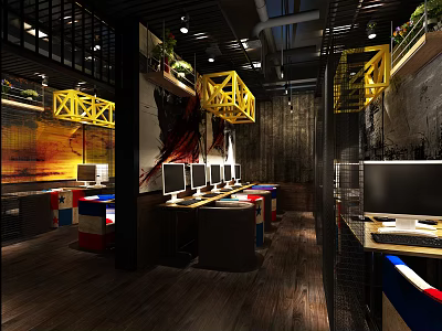 Modern Gaming Internet Cafe Interior With Multiple Computers Comfortable Seats And Decorative Lighting 3d model