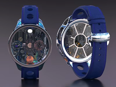 Modern Mechanical Watch With Blue Strap Transparent Dial And Intricate Gears 3d model