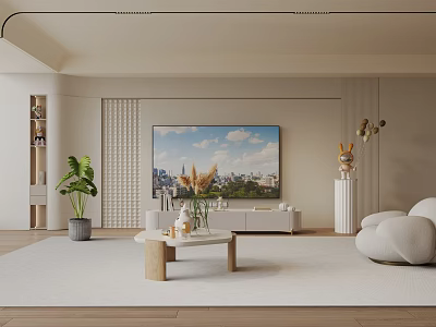 Modern Living Room Interior With Large Screen TV White Sofa And Wooden Coffee Table 3d model