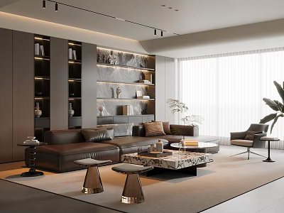 Italian Home Living Room Sofa Coffee Table Combination Multi-seat Leather Sofa Marble Coffee Table Open Bookcase Decorative Locker Leisure Sofa Chair Background Wall 3d model