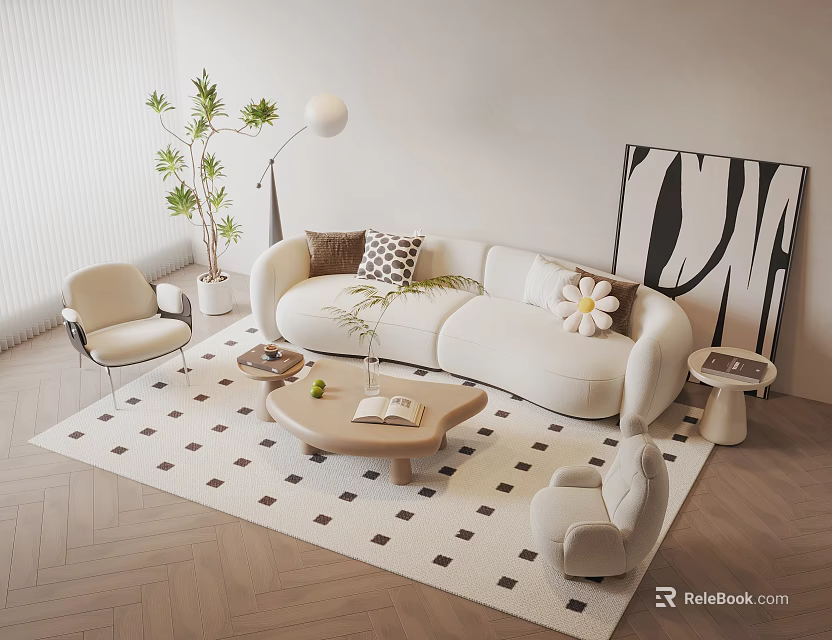 Modern Living Room Sofa And Coffee Table Set With Armchair Checkered Rug Greenery And Floor Lamp 3d model 