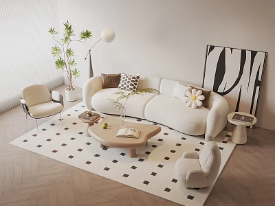 Modern Living Room Sofa And Coffee Table Set With Armchair Checkered Rug Greenery And Floor Lamp 3d model