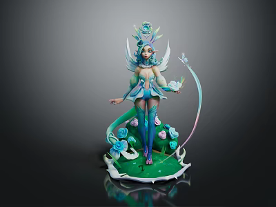 Fantasy Game Movie Character With Flower Crown Butterfly Wings Blue Teal Outfit And Green Base 3d model