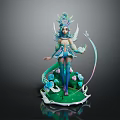 Fantasy Game Movie Character With Flower Crown Butterfly Wings Blue Teal Outfit And Green Base