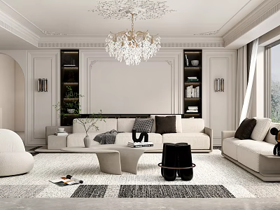Elegant Modern Living Room Interior With Crystal Chandelier White Sofa And Decorative Bookshelves 3d model