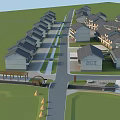 Scenic Landscape With Orderly Arranged Row Houses Road Wooden Bridge Water Wheel Pond Green Grass