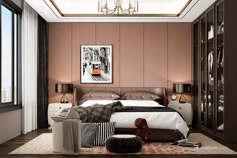 Elegant Modern Bedroom Featuring Pink Walls Chandelier Bed Nightstands Lamps Artwork And Rug 3d model 
