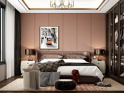 Elegant Modern Bedroom Featuring Pink Walls Chandelier Bed Nightstands Lamps Artwork And Rug 3d model