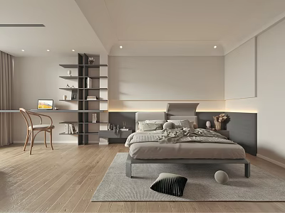 Modern Open Concept Bedroom Interior With Bed Bookshelf Chair Rug And Wooden Floor 3d model