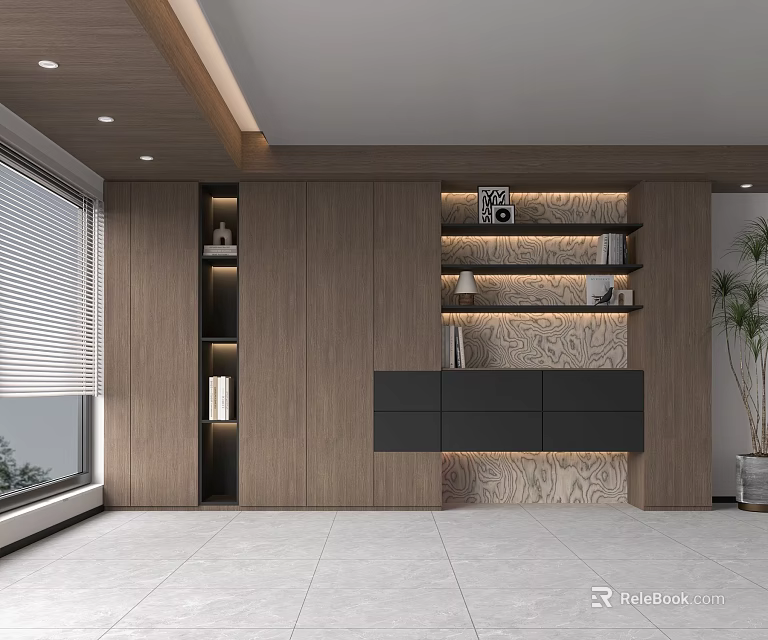 Wooden Console Table In Modern Interior With Black Cabinet Shelves And Plant 3d model 