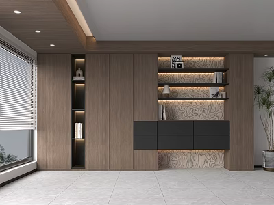 Wooden Console Table In Modern Interior With Black Cabinet Shelves And Plant 3d model