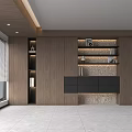 Wooden Console Table In Modern Interior With Black Cabinet Shelves And Plant