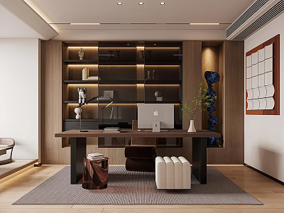 Modern Study Room Interior Design With Wooden Bookshelves Desk Computer And Decorative Items 3d model