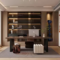 Modern Study Room Interior Design With Wooden Bookshelves Desk Computer And Decorative Items