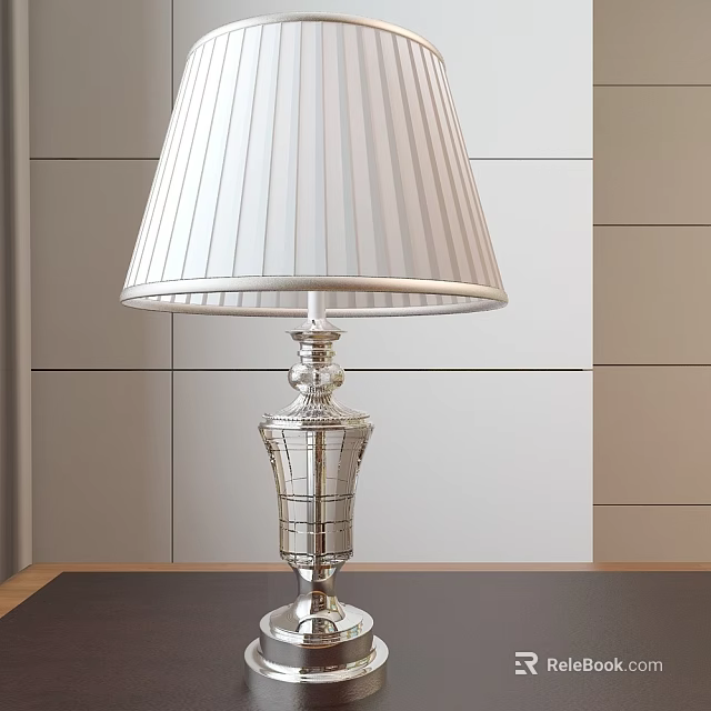 Elegant Silver Table Lamp With White Striped Lampshade In Modern Interior 3d model 