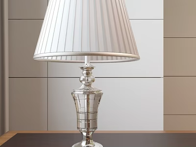 Elegant Silver Table Lamp With White Striped Lampshade In Modern Interior 3d model