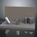 Stainless Steel Trash Cans Arranged On Platform Against Tile Wall Background 3d model